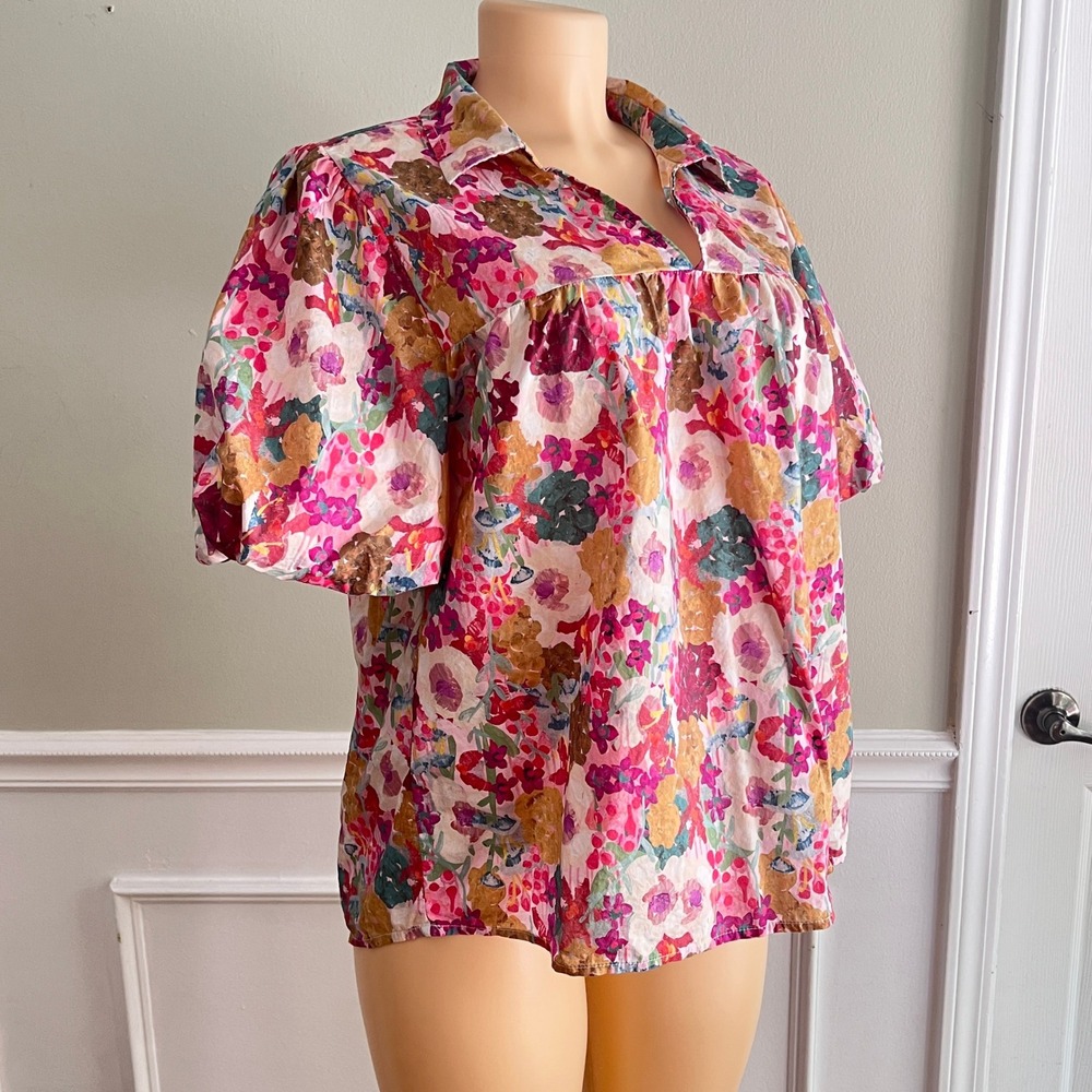 Floral Puff Sleeve Blouse Womens Large Pink Cotton Babydoll V-Neck Top Cottage - Picture 2 of 9